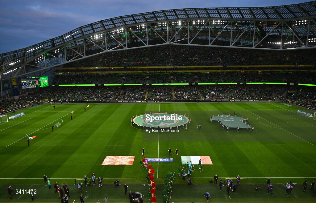 31 March 2026; The teams walk onto the pitch before the international friendly match between Republic of Ireland and North Macedonia at Aviva Stadium in Dublin. Photo by Ben McShane/Sportsfile