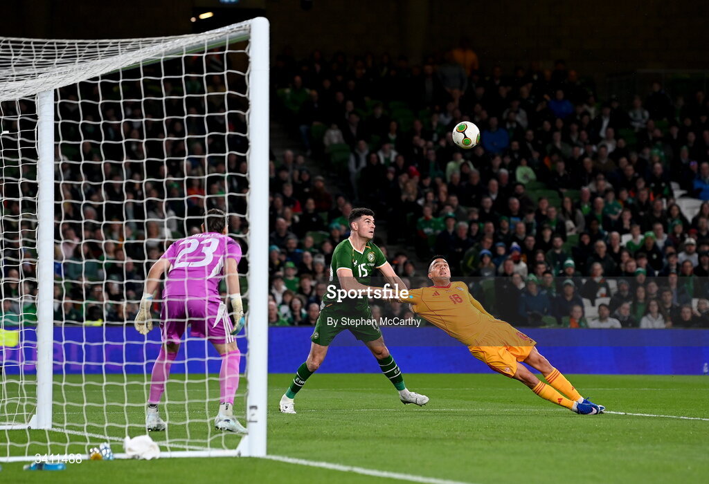 31 March 2026; John Egan of Republic of Ireland in action against Tihomir Kostadinov of North Macedonia during the international friendly match between Republic of Ireland and North Macedonia at Aviva Stadium in Dublin. Photo by Stephen McCarthy/Sportsfile