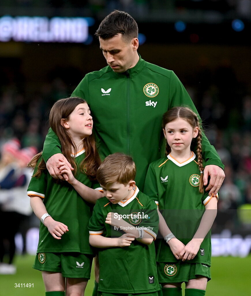 31 March 2026; Seamus Coleman of Republic of Ireland with his children, from left, Lily, Blake and Ellie, before the international friendly match between Republic of Ireland and North Macedonia at Aviva Stadium in Dublin. Photo by Stephen McCarthy/Sportsfile