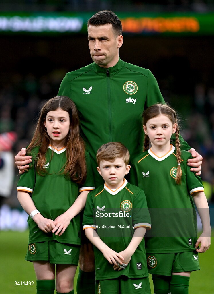 31 March 2026; Seamus Coleman of Republic of Ireland with his children, from left, Lily, Blake and Ellie, before the international friendly match between Republic of Ireland and North Macedonia at Aviva Stadium in Dublin. Photo by Stephen McCarthy/Sportsfile