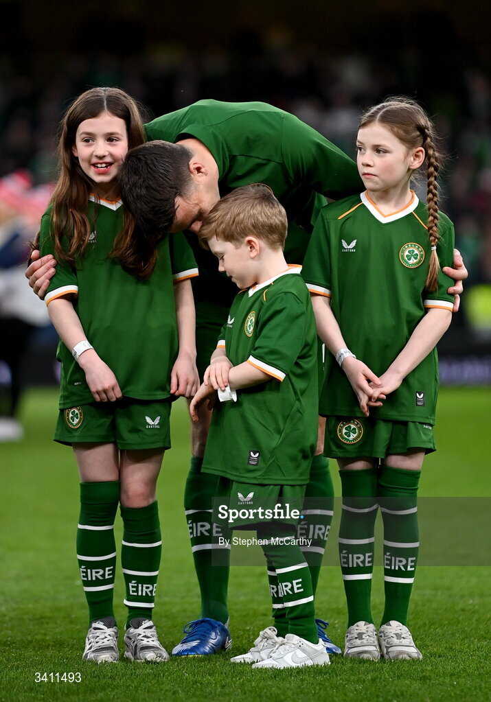 31 March 2026; Seamus Coleman of Republic of Ireland with his children, from left, Lily, Blake and Ellie, before the international friendly match between Republic of Ireland and North Macedonia at Aviva Stadium in Dublin. Photo by Stephen McCarthy/Sportsfile