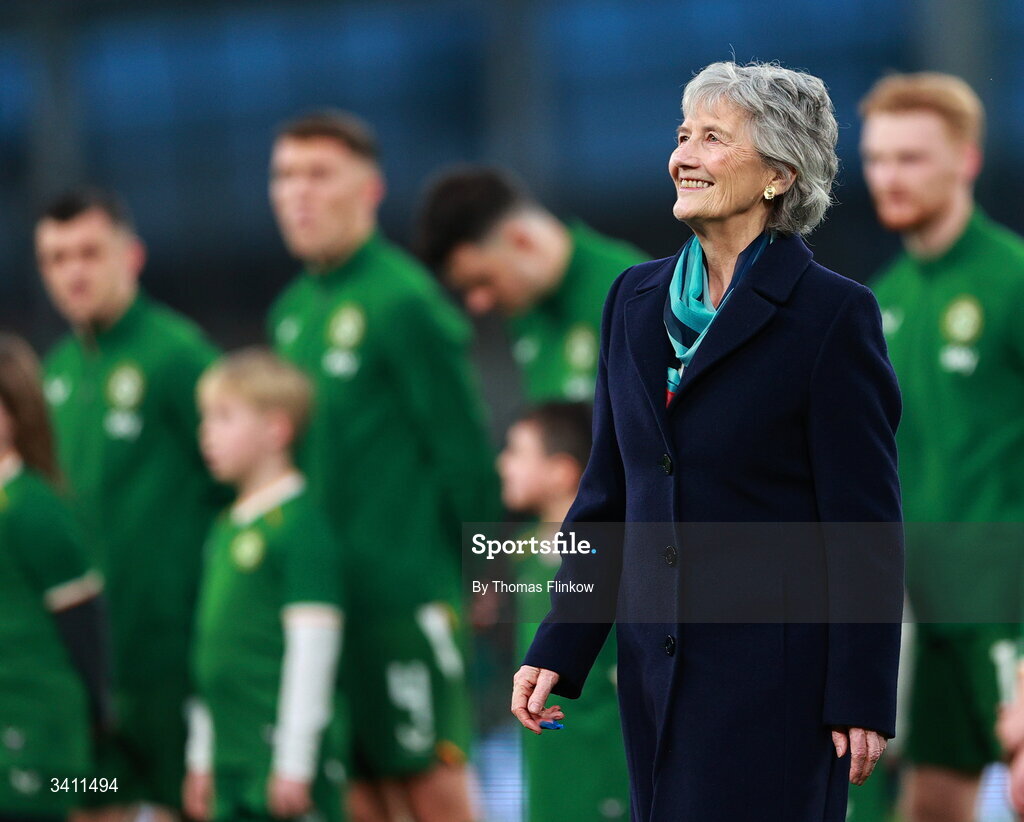 31 March 2026; President of Ireland Catherine Connolly before the international friendly match between Republic of Ireland and North Macedonia at Aviva Stadium in Dublin. Photo by Thomas Flinkow/Sportsfile