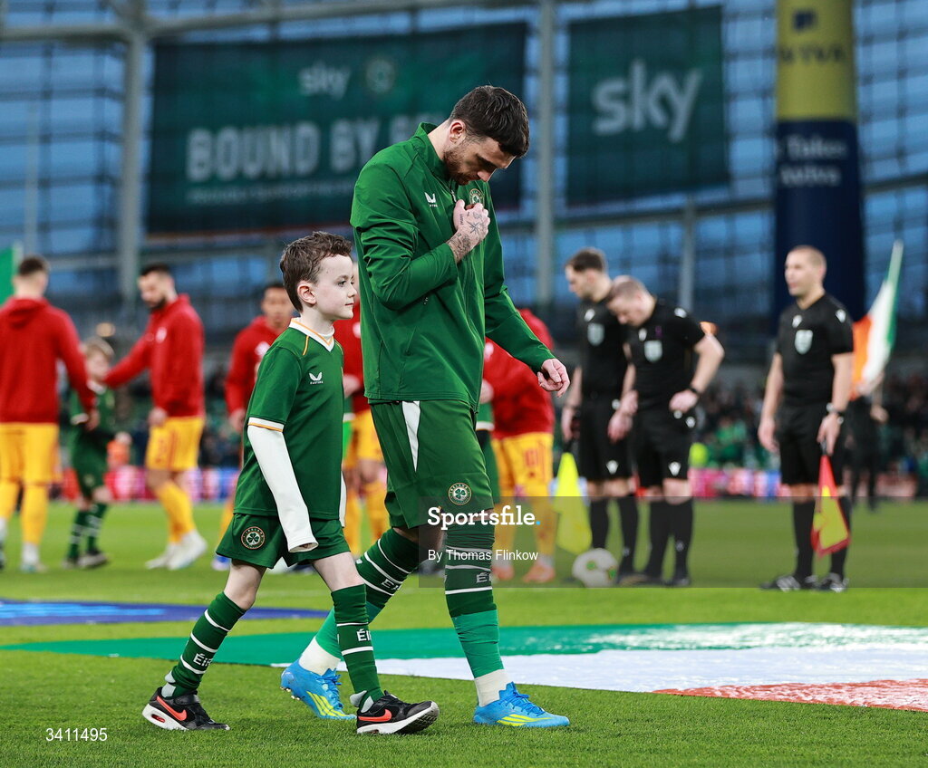 31 March 2026; Troy Parrott of Republic of Ireland enters the pitch before the international friendly match between Republic of Ireland and North Macedonia at Aviva Stadium in Dublin. Photo by Thomas Flinkow/Sportsfile