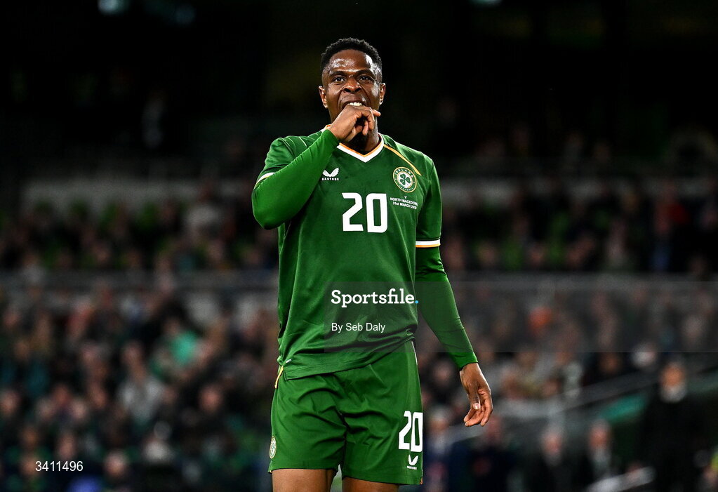 31 March 2026; Chiedozie Ogbene of Republic of Ireland reacts during the international friendly match between Republic of Ireland and North Macedonia at the Aviva Stadium in Dublin. Photo by Seb Daly/Sportsfile