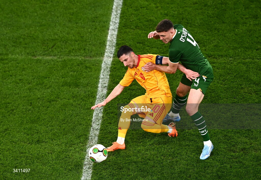 31 March 2026; Enis Bardhi of North Macedonia is tackled by Dara O'Shea of Republic of Ireland during the international friendly match between Republic of Ireland and North Macedonia at Aviva Stadium in Dublin. Photo by Ben McShane/Sportsfile