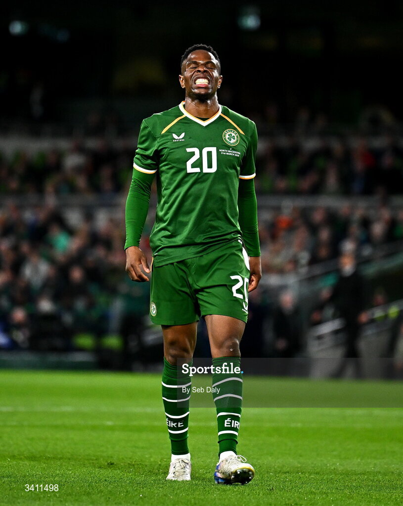 31 March 2026; Chiedozie Ogbene of Republic of Ireland reacts during the international friendly match between Republic of Ireland and North Macedonia at the Aviva Stadium in Dublin. Photo by Seb Daly/Sportsfile