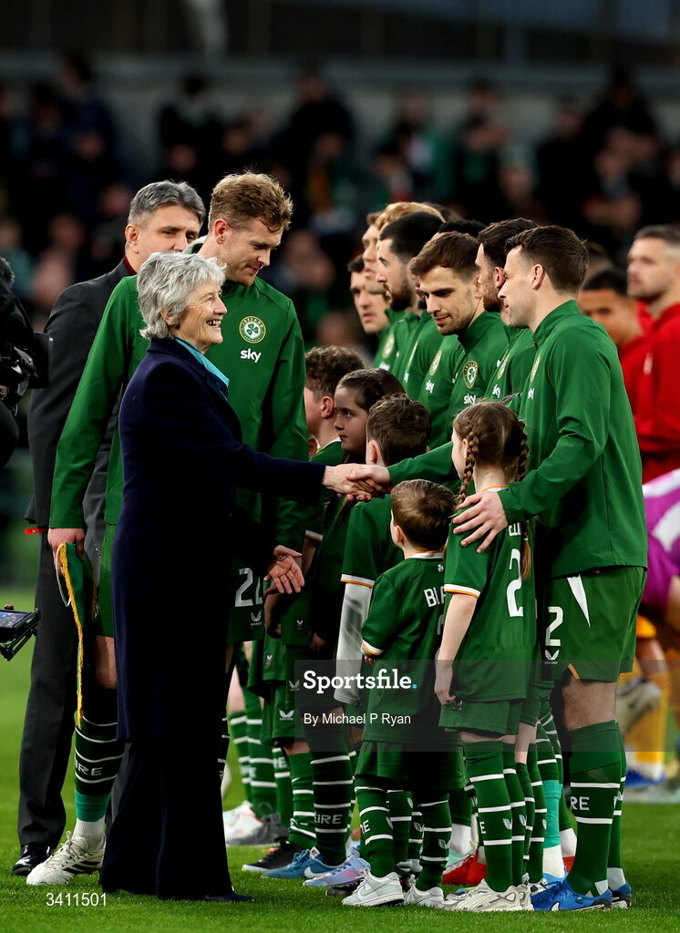 31 March 2026; President Catherine Connolly is intruduced to Republic of Ireland team before the international friendly match between Republic of Ireland and North Macedonia at Aviva Stadium in Dublin. Photo by Michael P Ryan/Sportsfile