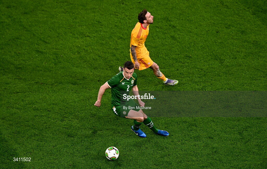 31 March 2026; Seamus Coleman of Republic of Ireland in action against Darko Velkovski of North Macedonia during the international friendly match between Republic of Ireland and North Macedonia at Aviva Stadium in Dublin. Photo by Ben McShane/Sportsfile