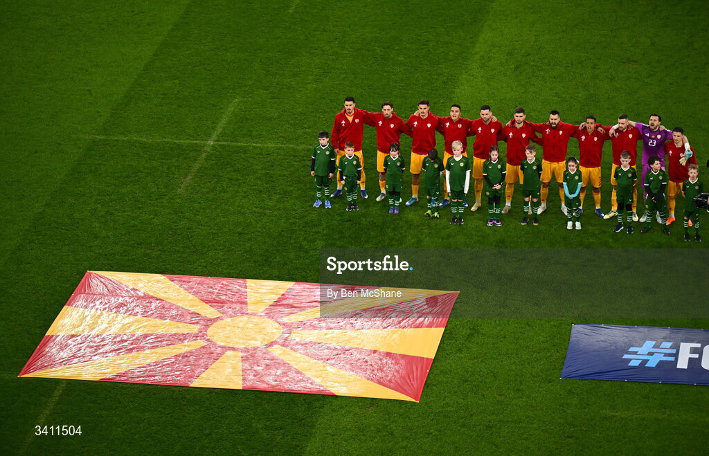 31 March 2026; The North Macedonia team stand for their national anthem before the international friendly match between Republic of Ireland and North Macedonia at Aviva Stadium in Dublin. Photo by Ben McShane/Sportsfile