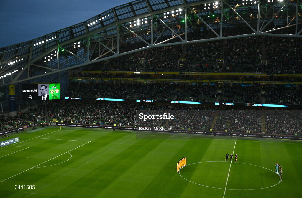 31 March 2026; The North Macedonia and Republic of Ireland teams stand for a minute's silence in memory of the late former FAI president Michael Hyland before the international friendly match between Republic of Ireland and North Macedonia at the Aviva Stadium in Dublin. Photo by Ben McShane/Sportsfile