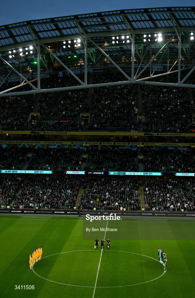 31 March 2026; The North Macedonia and Republic of Ireland teams stand for a minute's silence in memory of the late former FAI president Michael Hyland before the international friendly match between Republic of Ireland and North Macedonia at the Aviva Stadium in Dublin. Photo by Ben McShane/Sportsfile