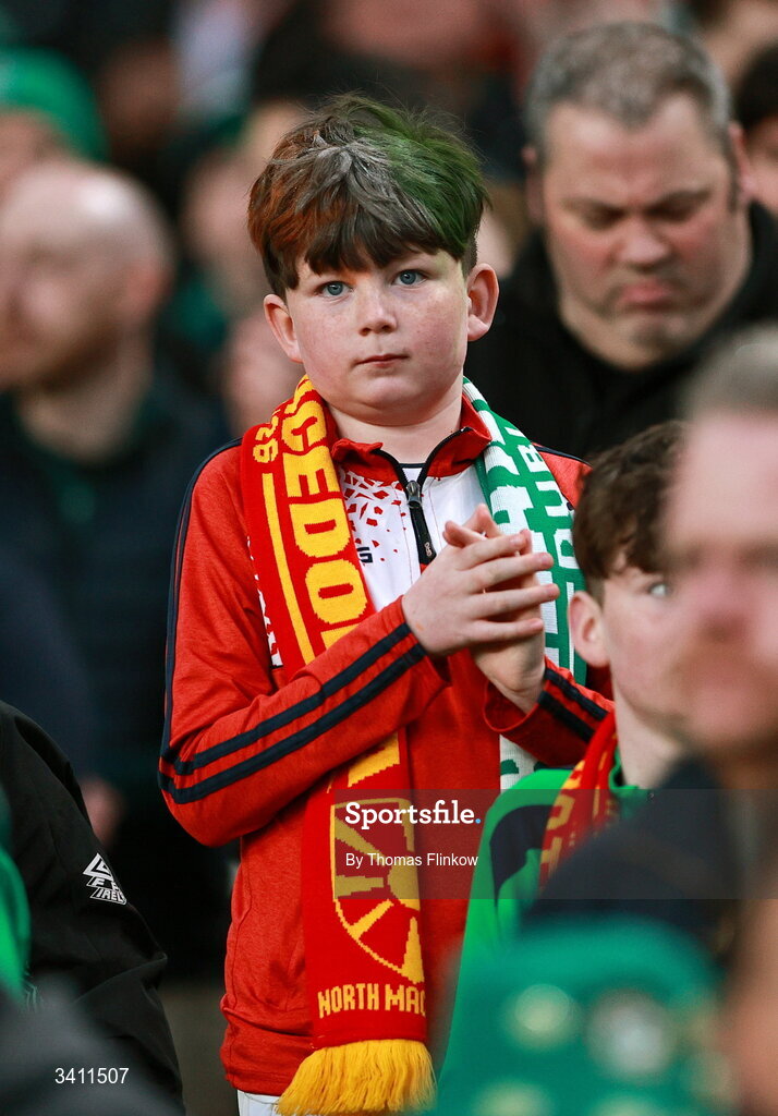 31 March 2026; A young Republic of Ireland supporter before the international friendly match between Republic of Ireland and North Macedonia at Aviva Stadium in Dublin. Photo by Thomas Flinkow/Sportsfile