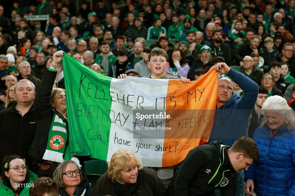 31 March 2026; Republic of Ireland supporters before the international friendly match between Republic of Ireland and North Macedonia at Aviva Stadium in Dublin. Photo by Thomas Flinkow/Sportsfile