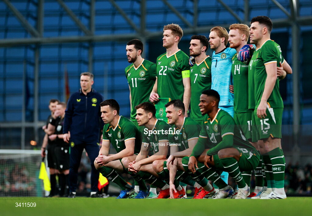 31 March 2026; Republic of Ireland players pose for a team photo before the international friendly match between Republic of Ireland and North Macedonia at Aviva Stadium in Dublin. Photo by Thomas Flinkow/Sportsfile
