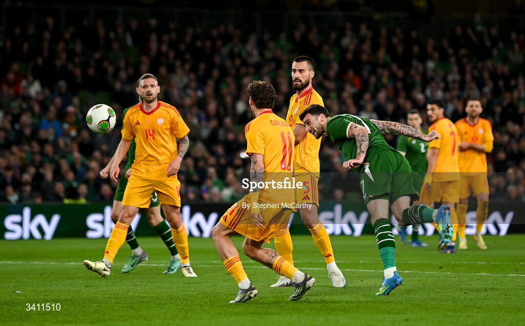31 March 2026; Troy Parrott of Republic of Ireland has a header on goal during the international friendly match between Republic of Ireland and North Macedonia at Aviva Stadium in Dublin. Photo by Stephen McCarthy/Sportsfile