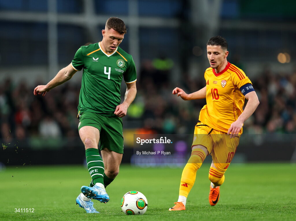 31 March 2026; Dara O'Shea of Republic of Ireland in action against Enis Bardhi of North Macedonia during the international friendly match between Republic of Ireland and North Macedonia at Aviva Stadium in Dublin. Photo by Michael P Ryan/Sportsfile