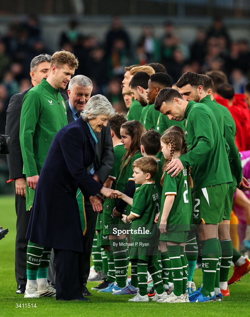 31 March 2026; President Catherine Connolly is intruduced to Republic of Ireland team before the international friendly match between Republic of Ireland and North Macedonia at Aviva Stadium in Dublin. Photo by Michael P Ryan/Sportsfile