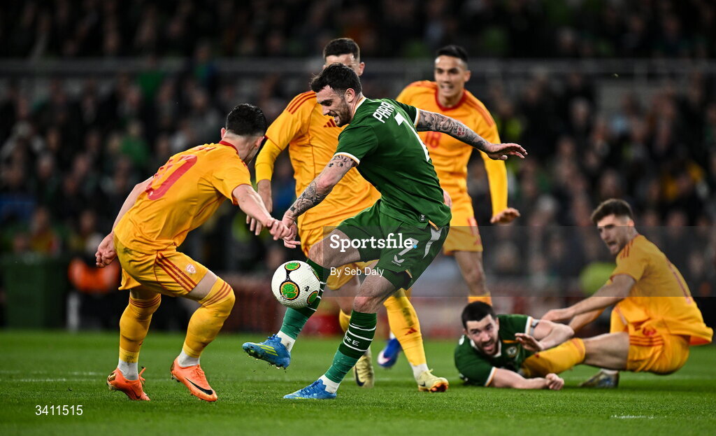 31 March 2026; Troy Parrott of Republic of Ireland in action against Enis Bardhi of North Macedonia during the international friendly match between Republic of Ireland and North Macedonia at the Aviva Stadium in Dublin. Photo by Seb Daly/Sportsfile