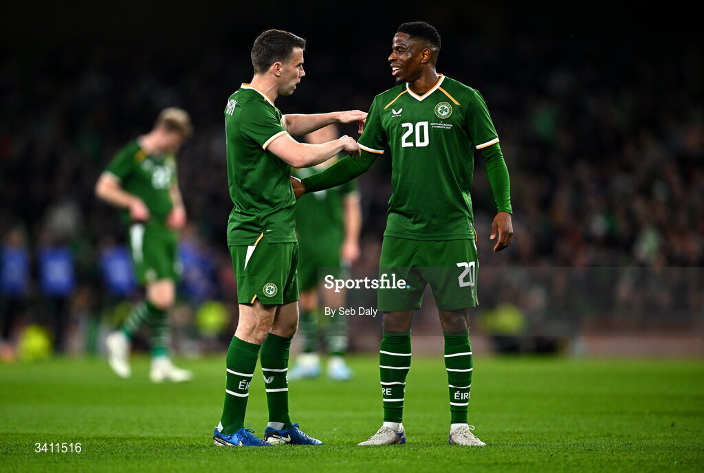 31 March 2026; Seamus Coleman, left, and Chiedozie Ogbene of Republic of Ireland during the international friendly match between Republic of Ireland and North Macedonia at the Aviva Stadium in Dublin. Photo by Seb Daly/Sportsfile