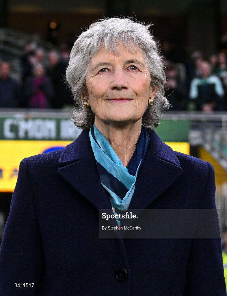 31 March 2026; President of Ireland Catherine Connolly before the international friendly match between Republic of Ireland and North Macedonia at Aviva Stadium in Dublin. Photo by Stephen McCarthy/Sportsfile