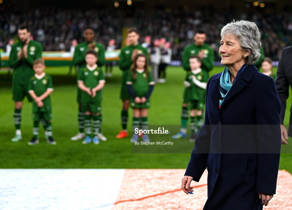 31 March 2026; President of Ireland Catherine Connolly after meeting the teams before the international friendly match between Republic of Ireland and North Macedonia at Aviva Stadium in Dublin. Photo by Stephen McCarthy/Sportsfile