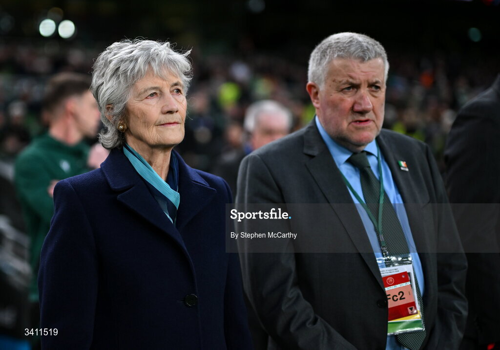 31 March 2026; President of Ireland Catherine Connolly with FAI president Paul Cooke before the international friendly match between Republic of Ireland and North Macedonia at Aviva Stadium in Dublin. Photo by Stephen McCarthy/Sportsfile