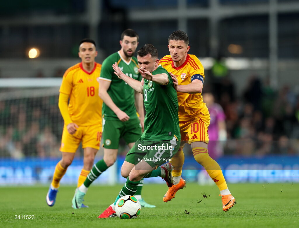 31 March 2026; Jason Knight of Republic of Ireland in action against Enis Bardhi of North Macedonia during the international friendly match between Republic of Ireland and North Macedonia at Aviva Stadium in Dublin. Photo by Michael P Ryan/Sportsfile