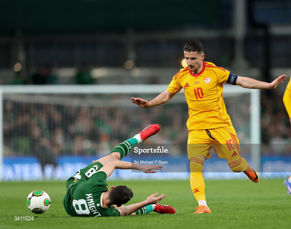 31 March 2026; Jason Knight of Republic of Ireland in action against Enis Bardhi of North Macedonia during the international friendly match between Republic of Ireland and North Macedonia at Aviva Stadium in Dublin. Photo by Michael P Ryan/Sportsfile