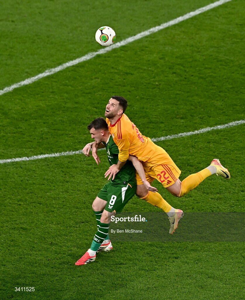 31 March 2026; Jason Knight of Republic of Ireland is tackled by Isnik Alimi of North Macedonia during the international friendly match between Republic of Ireland and North Macedonia at Aviva Stadium in Dublin. Photo by Ben McShane/Sportsfile