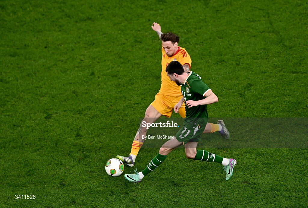31 March 2026; Finn Azaz of Republic of Ireland in action against Darko Churlinov of North Macedonia during the international friendly match between Republic of Ireland and North Macedonia at Aviva Stadium in Dublin. Photo by Ben McShane/Sportsfile