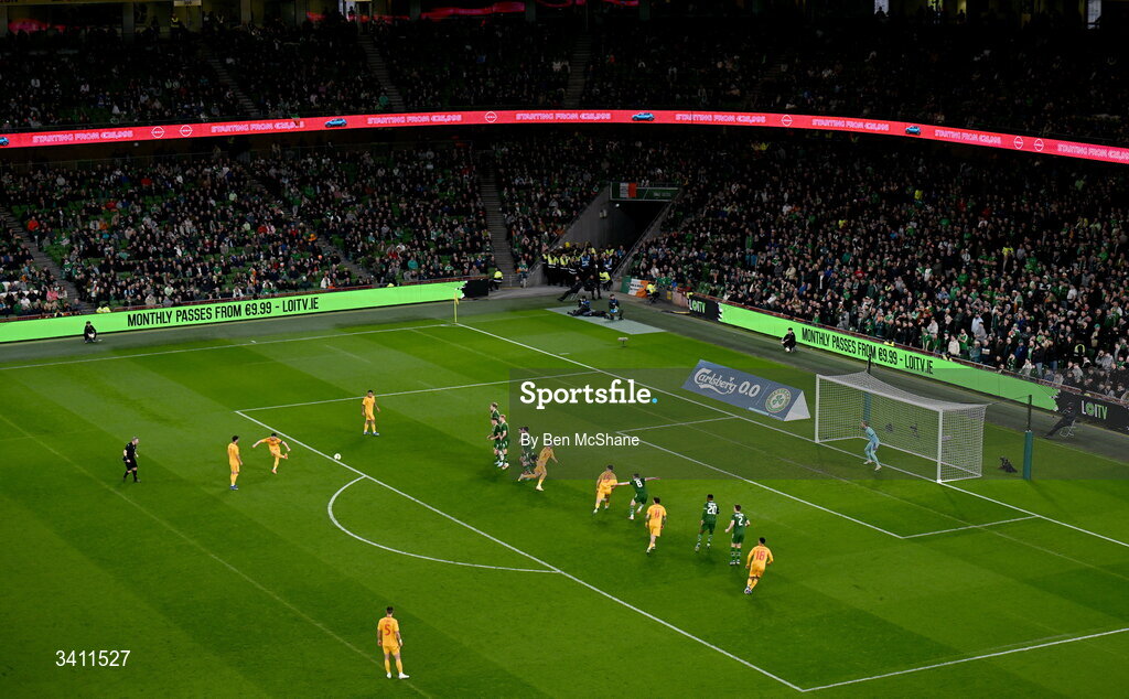 31 March 2026; Enis Bardhi of North Macedonia takes a free kick during the international friendly match between Republic of Ireland and North Macedonia at Aviva Stadium in Dublin. Photo by Ben McShane/Sportsfile