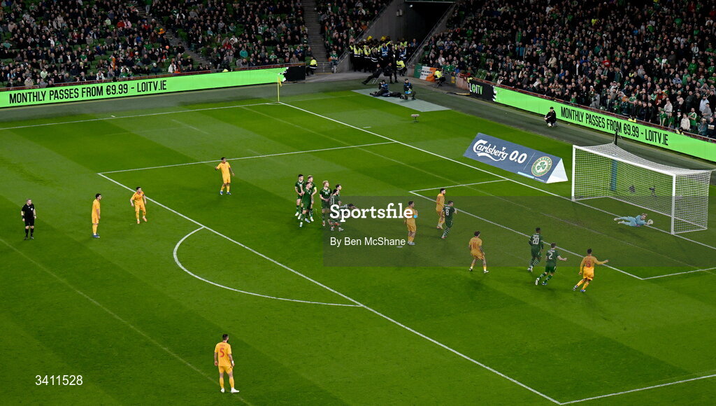 31 March 2026; Republic of Ireland goalkeeper Caoimhin Kelleher saves a free kick by Enis Bardhi of North Macedonia during the international friendly match between Republic of Ireland and North Macedonia at Aviva Stadium in Dublin. Photo by Ben McShane/Sportsfile