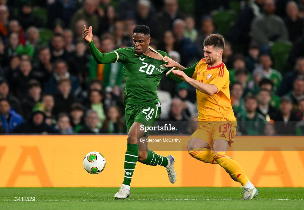 31 March 2026; Chiedozie Ogbene of Republic of Ireland is tackled by Imran Fetai of North Macedonia during the international friendly match between Republic of Ireland and North Macedonia at Aviva Stadium in Dublin. Photo by Stephen McCarthy/Sportsfile