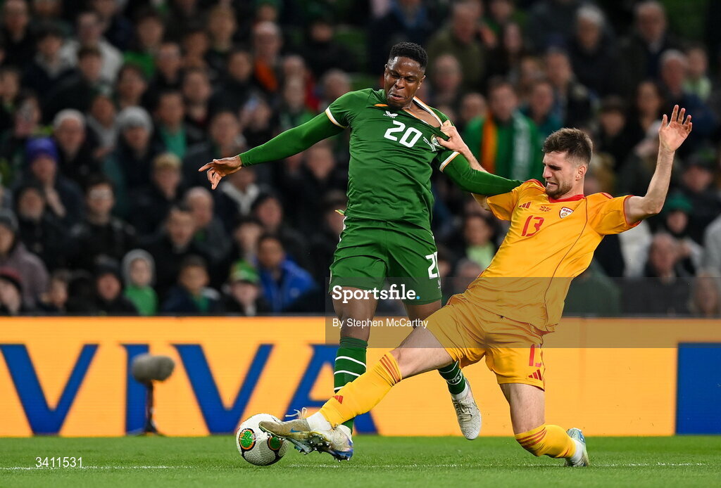 31 March 2026; Chiedozie Ogbene of Republic of Ireland is tackled by Imran Fetai of North Macedonia during the international friendly match between Republic of Ireland and North Macedonia at Aviva Stadium in Dublin. Photo by Stephen McCarthy/Sportsfile