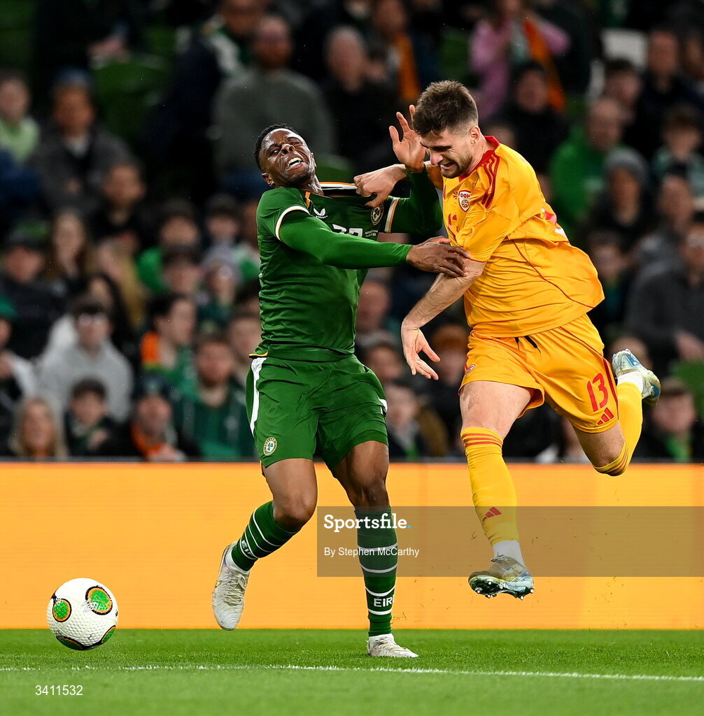 31 March 2026; Chiedozie Ogbene of Republic of Ireland is tackled by Imran Fetai of North Macedonia during the international friendly match between Republic of Ireland and North Macedonia at Aviva Stadium in Dublin. Photo by Stephen McCarthy/Sportsfile