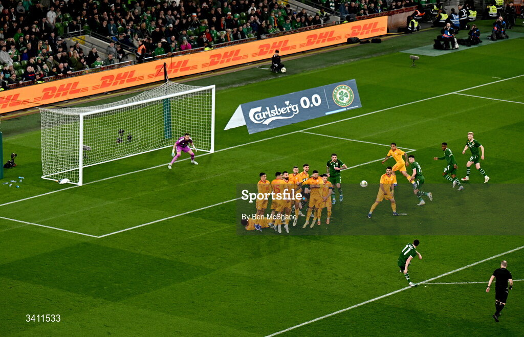 31 March 2026; Finn Azaz of Republic of Ireland takes a free kick during the international friendly match between Republic of Ireland and North Macedonia at Aviva Stadium in Dublin. Photo by Ben McShane/Sportsfile