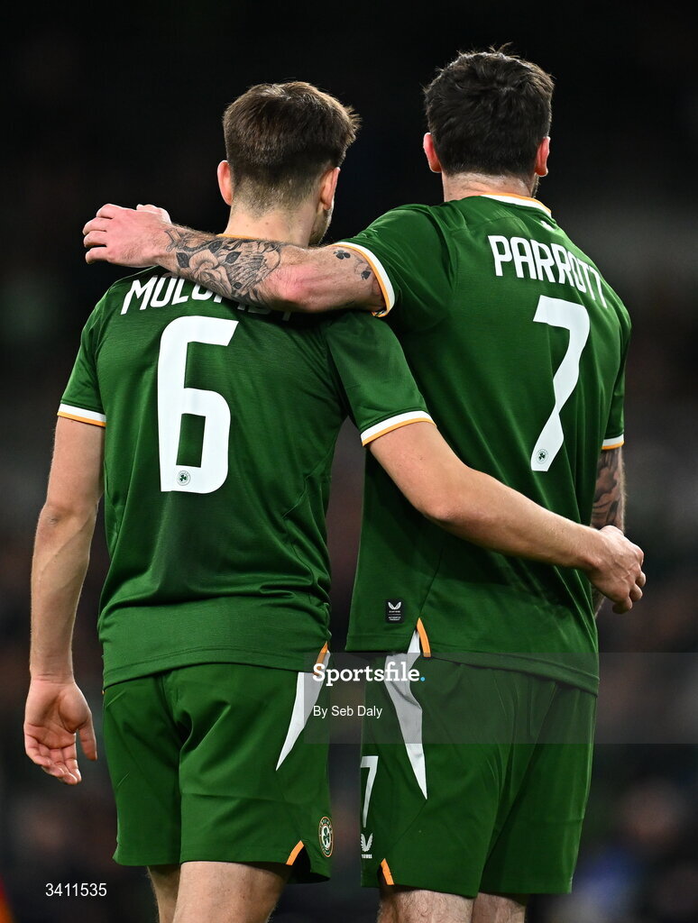31 March 2026; Jayson Molumby, 6 and Troy Parrott of Republic of Ireland during the international friendly match between Republic of Ireland and North Macedonia at the Aviva Stadium in Dublin. Photo by Seb Daly/Sportsfile