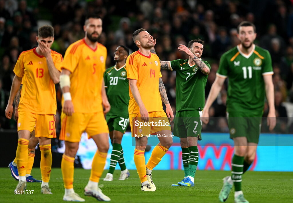 31 March 2026; Troy Parrott of Republic of Ireland reacts during the international friendly match between Republic of Ireland and North Macedonia at Aviva Stadium in Dublin. Photo by Stephen McCarthy/Sportsfile
