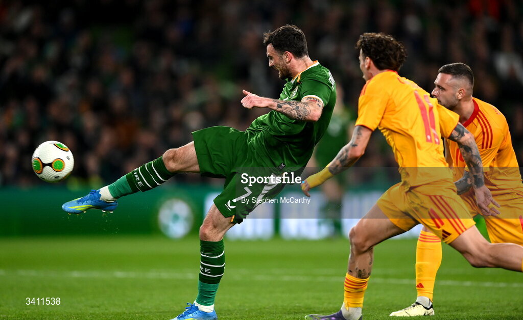 31 March 2026; Troy Parrott of Republic of Ireland has a shot during the international friendly match between Republic of Ireland and North Macedonia at Aviva Stadium in Dublin. Photo by Stephen McCarthy/Sportsfile