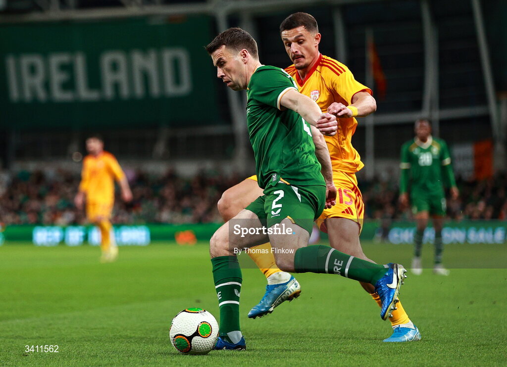 31 March 2026; Seamus Coleman of Republic of Ireland in action against Elmin Rastoder of North Macedonia during the international friendly match between Republic of Ireland and North Macedonia at Aviva Stadium in Dublin. Photo by Thomas Flinkow/Sportsfile