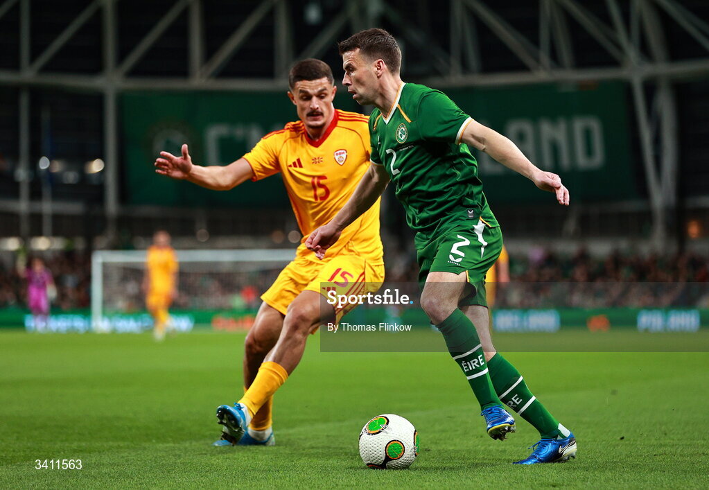 31 March 2026; Seamus Coleman of Republic of Ireland in action against Elmin Rastoder of North Macedonia during the international friendly match between Republic of Ireland and North Macedonia at Aviva Stadium in Dublin. Photo by Thomas Flinkow/Sportsfile