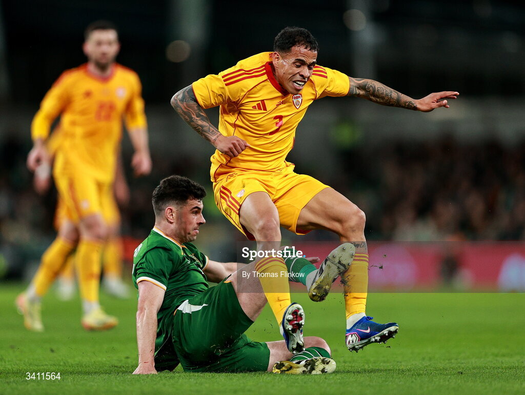 31 March 2026; Sebastijan Herera of North Macedonia is tackled by John Egan of Republic of Ireland during the international friendly match between Republic of Ireland and North Macedonia at Aviva Stadium in Dublin. Photo by Thomas Flinkow/Sportsfile