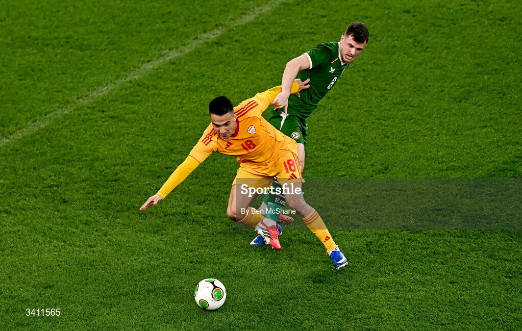 31 March 2026; Tihomir Kostadinov of North Macedonia is tackled by Jason Knight of Republic of Ireland during the international friendly match between Republic of Ireland and North Macedonia at Aviva Stadium in Dublin. Photo by Ben McShane/Sportsfile