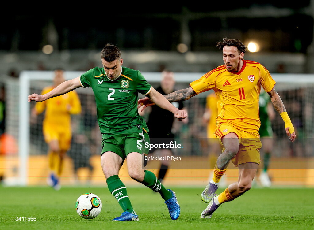 31 March 2026; Seamus Coleman of Republic of Ireland in action against Darko Churlinov of North Macedonia during the international friendly match between Republic of Ireland and North Macedonia at Aviva Stadium in Dublin. Photo by Michael P Ryan/Sportsfile