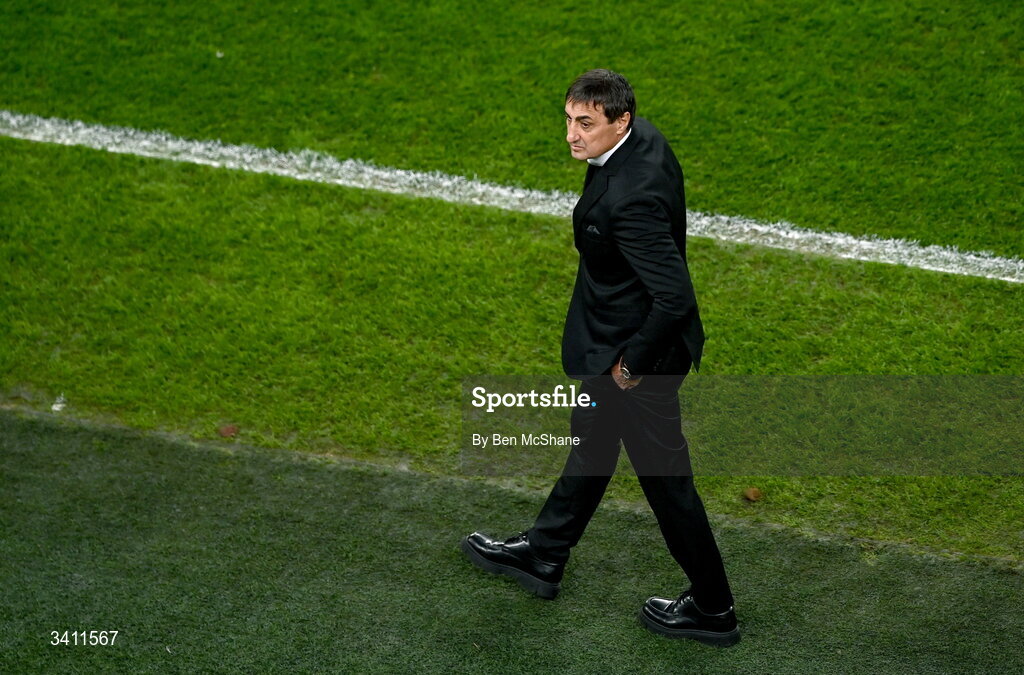 31 March 2026; North Macedonia head coach Goce Sedloski during the international friendly match between Republic of Ireland and North Macedonia at Aviva Stadium in Dublin. Photo by Ben McShane/Sportsfile