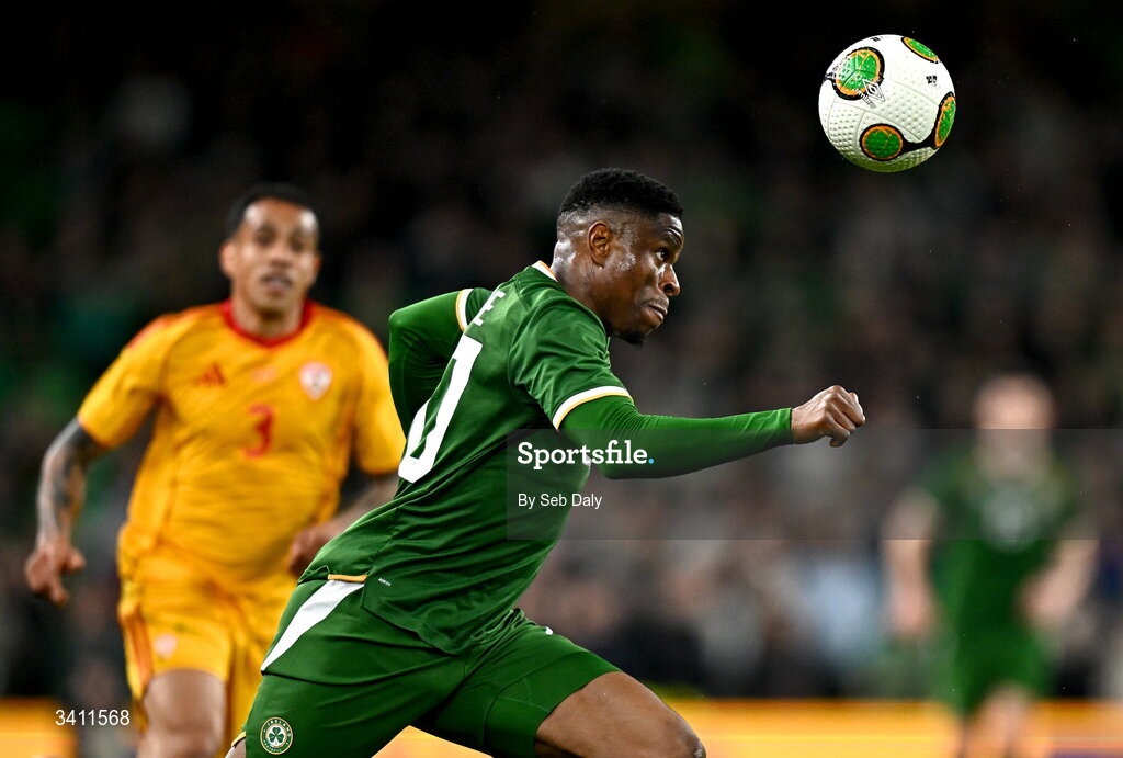31 March 2026; Chiedozie Ogbene of Republic of Ireland during the international friendly match between Republic of Ireland and North Macedonia at the Aviva Stadium in Dublin. Photo by Seb Daly/Sportsfile