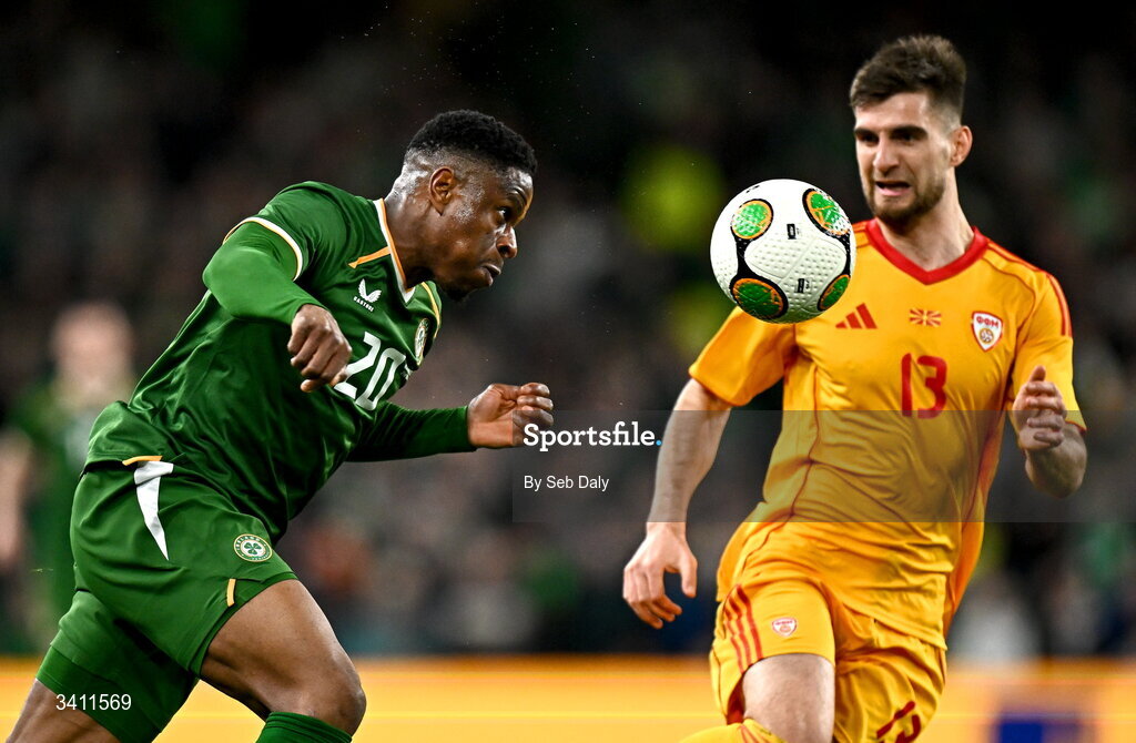 31 March 2026; Chiedozie Ogbene of Republic of Ireland in action against Imran Fetai of North Macedonia during the international friendly match between Republic of Ireland and North Macedonia at the Aviva Stadium in Dublin. Photo by Seb Daly/Sportsfile