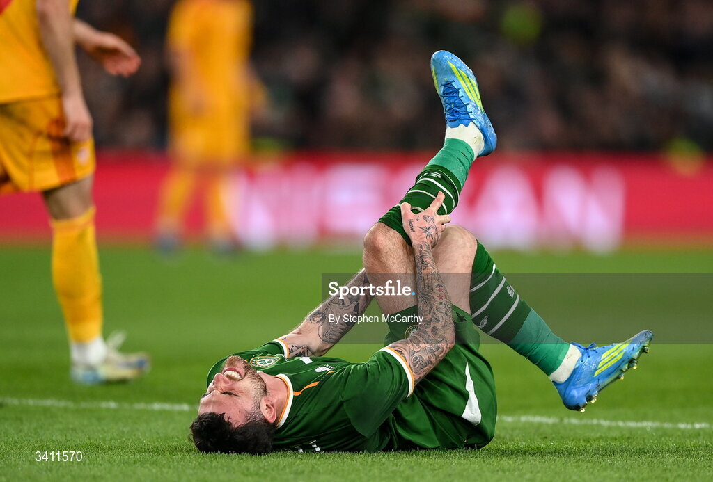 31 March 2026; Troy Parrott of Republic of Ireland reacts after sustaining an injury during the international friendly match between Republic of Ireland and North Macedonia at Aviva Stadium in Dublin. Photo by Stephen McCarthy/Sportsfile