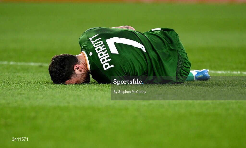 31 March 2026; Troy Parrott of Republic of Ireland reacts after sustaining an injury during the international friendly match between Republic of Ireland and North Macedonia at Aviva Stadium in Dublin. Photo by Stephen McCarthy/Sportsfile