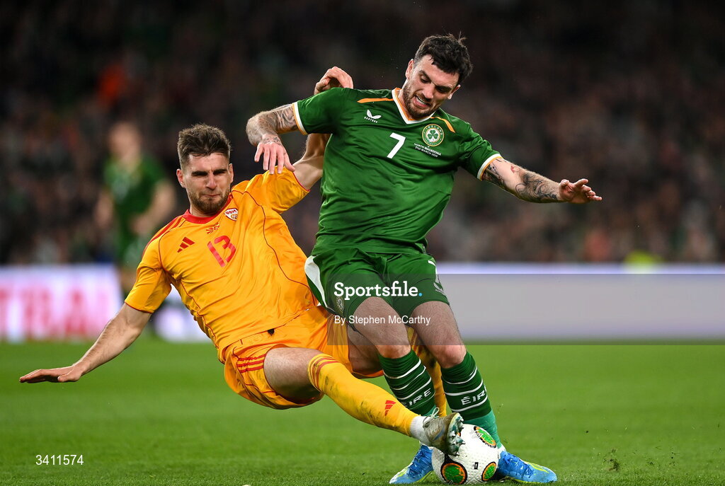 31 March 2026; Troy Parrott of Republic of Ireland is tackled by Imran Fetai of North Macedonia during the international friendly match between Republic of Ireland and North Macedonia at Aviva Stadium in Dublin. Photo by Stephen McCarthy/Sportsfile